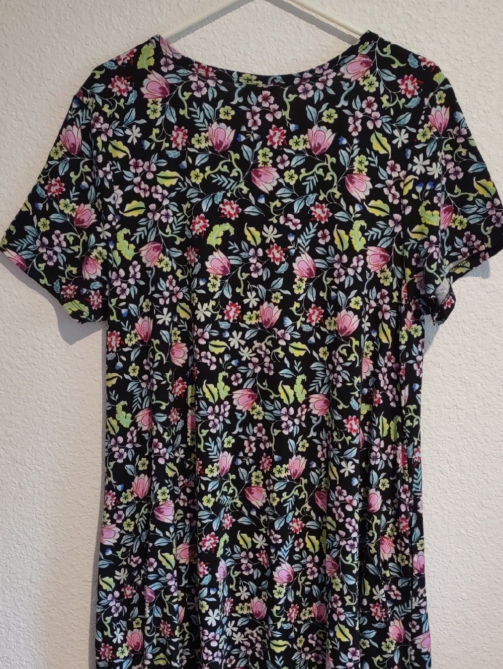LuLaRoe Black Floral Short-Sleeve Swing Dress with Pink & Green Accents - Picture 5 of 8